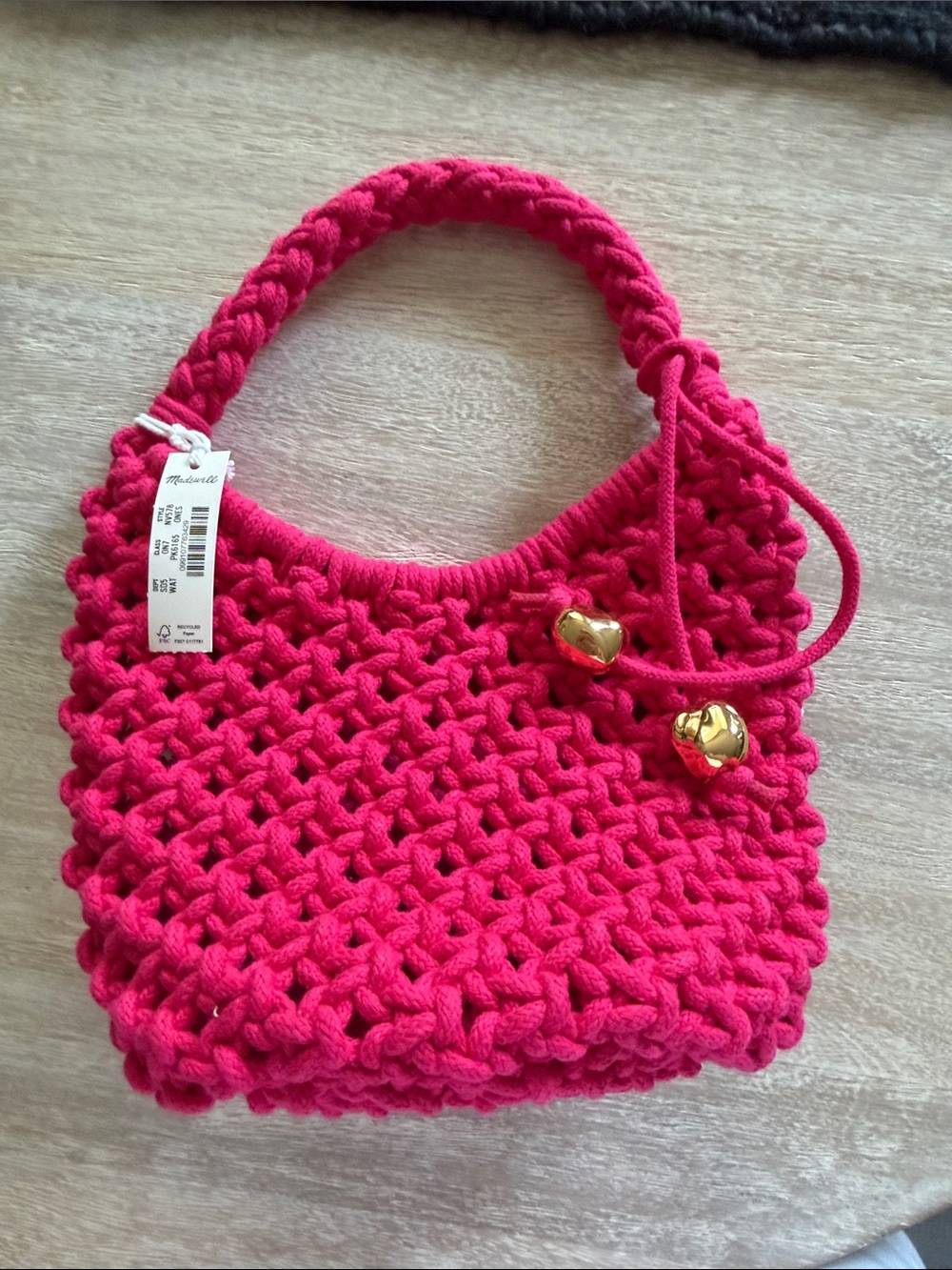 Madewell Handmade Hot Pink Mini Crochet Shoulder Bag with Gold Accent